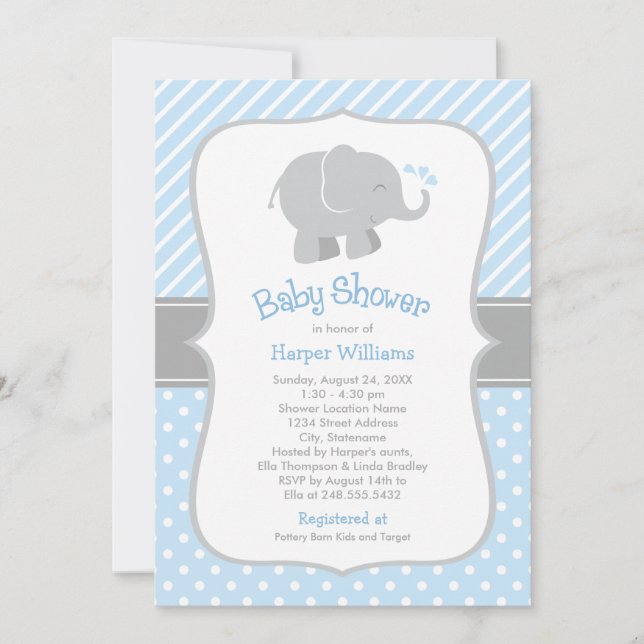 Invitation Baptême Moderne de Bébé Garçon à l'Éléphant Bleu (Devant)
