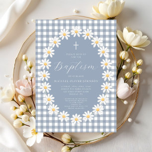 Invitation Baptême Moderne de Bébé Garçon avec Gingham Floral