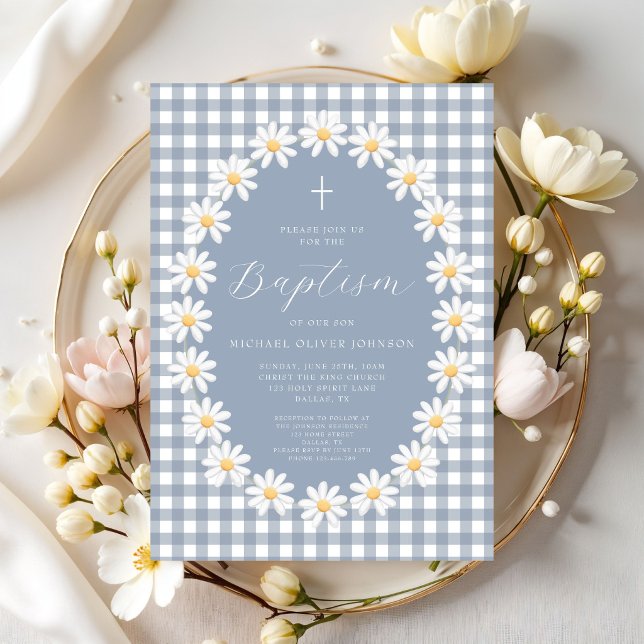 Invitation Baptême Moderne de Bébé Garçon avec Gingham Floral (Modern Dusty Blue Gingham Floral Baby Boy Baptism Invitation)