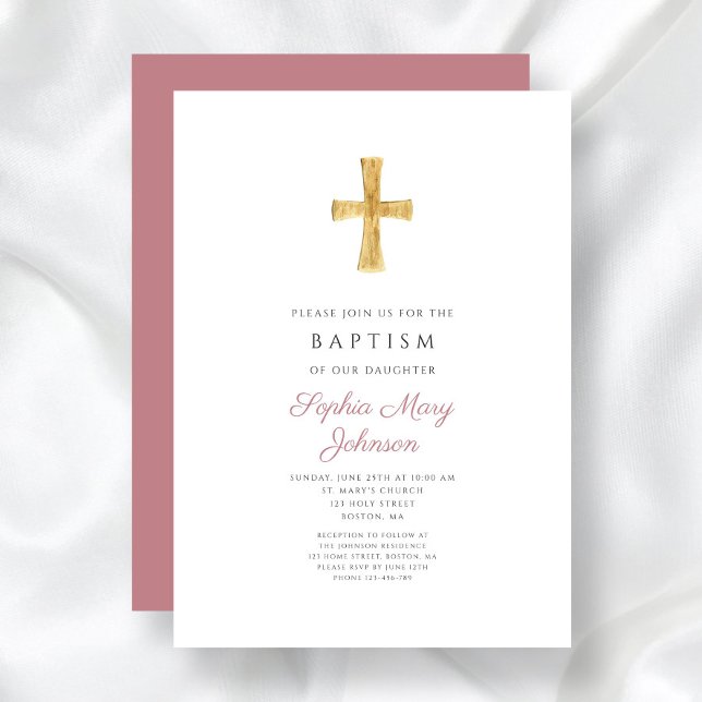 Invitation Baptême Moderne de Fille Religieuse Croix Rose Pou (Modern Dusty Pink Cross Religious Girl Baptism Invitation)