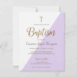 Invitation Baptême moderne de lavande violette d'or blanc