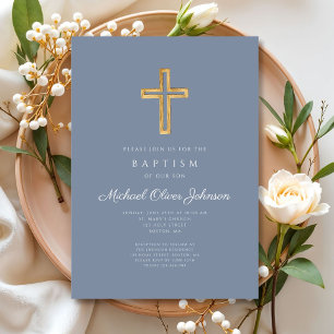 Invitation Baptême moderne Dusty Blue Religion Croix Boy Bapt