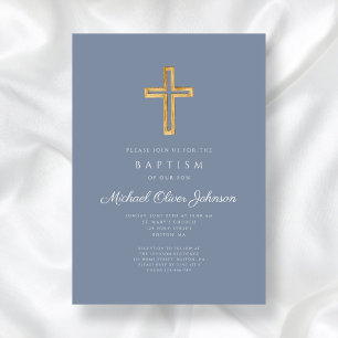 Invitation Baptême moderne Dusty Blue Religion Croix Boy Bapt