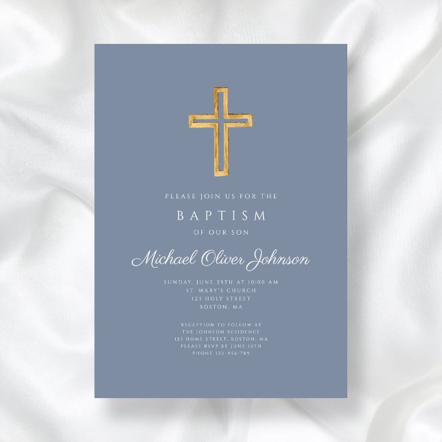 Invitation Baptême moderne Dusty Blue Religion Croix Boy Bapt (Modern Dusty Blue Religious Cross Boy Baptism Invitation)