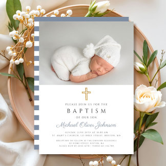 Invitation Baptême moderne Dusty Blue Stripes Croix Photo Boy