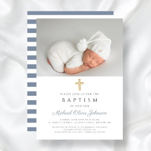 Invitation Baptême moderne Dusty Blue Stripes Croix Photo Boy