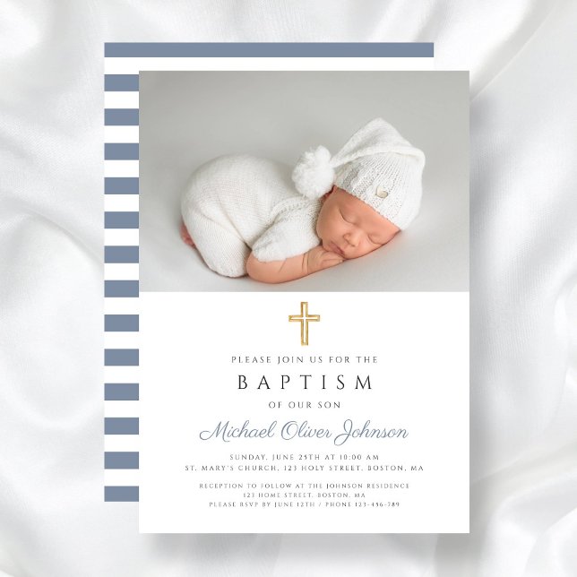 Invitation Baptême moderne Dusty Blue Stripes Croix Photo Boy (Dusty Blue Stripes Cross Photo Boy Baptism Invitation)
