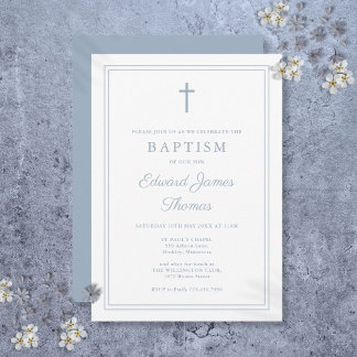 Invitation Baptême Moderne Élégant à Bordure Bleu Poussiéreux