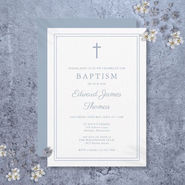 Invitation Baptême Moderne Élégant à Bordure Bleu Poussiéreux (Modern Elegant Dusty Blue Border Baptism Invitation)