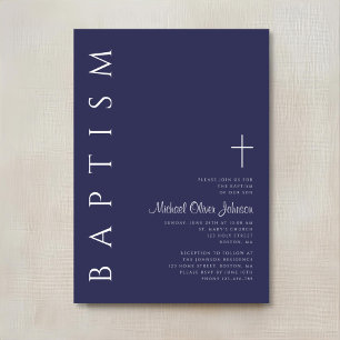 Invitation Baptême Moderne Élégant Croix Bleu Marine