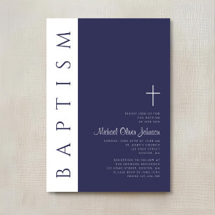 Invitation Baptême Moderne Élégant Croix Bleu Marine