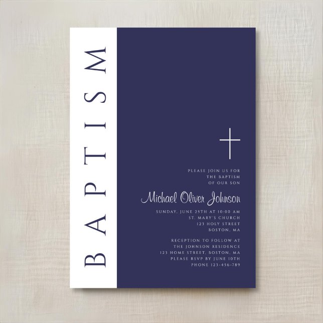 Invitation Baptême Moderne Élégant Croix Bleu Marine (Modern Elegant Navy Blue Cross Baptism Invitation)