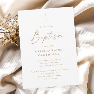 Invitation Baptême Moderne Élégant Croix d'Or en Écriture