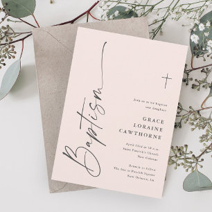 Invitation Baptême Moderne Élégant Écriture Rose Filles