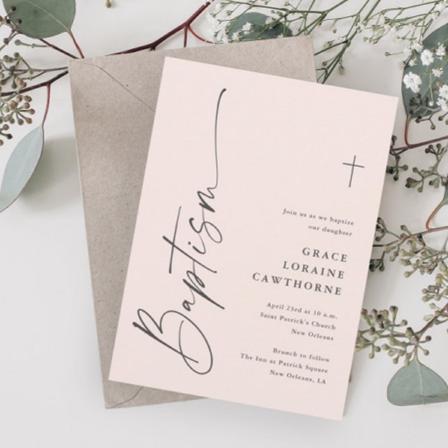 Invitation Baptême Moderne Élégant Écriture Rose Filles (Modern Elegant Script Light Pink Girls Baptism Invitations.)