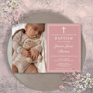 Invitation Baptême Moderne Élégant Rose Poussiéreux Photo Ros