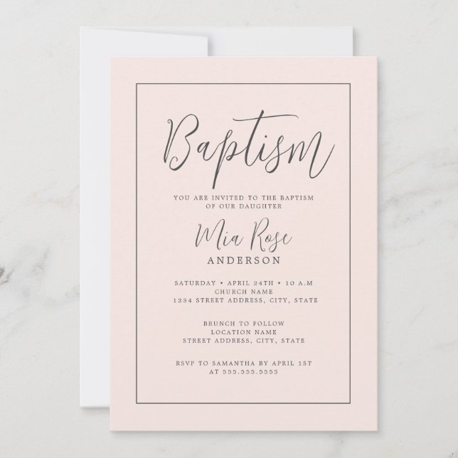 Invitation Baptême Moderne Fille Rose Douce  (Devant)