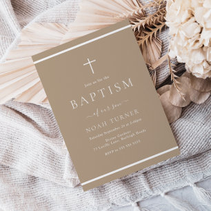 Invitation Baptême moderne Pale Taupe Bordure blanche