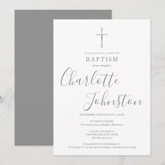 Invitation Baptême Moderne Signature Argent (Devant / Derrière)