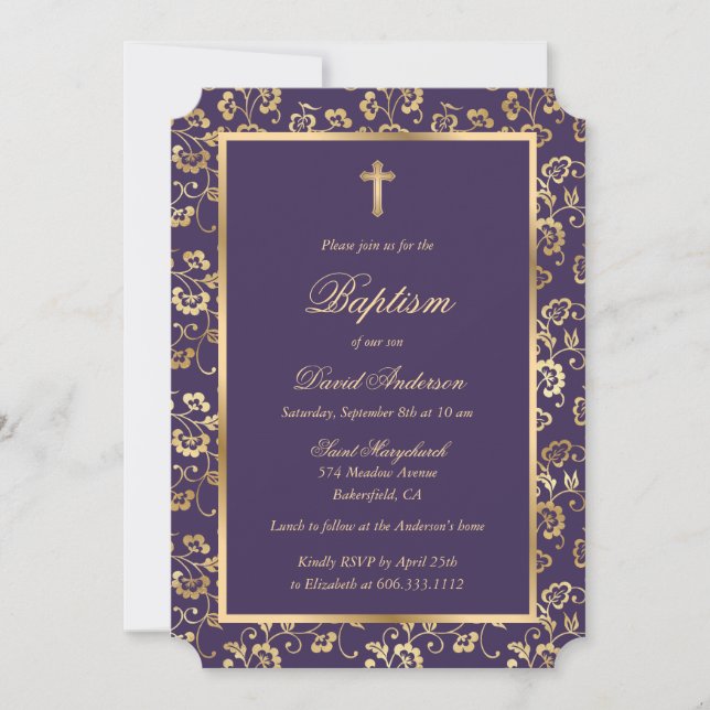 Invitation Baptême moderne violet or fleuri garçon (Devant)