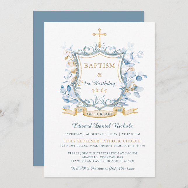 Invitation Baptême modifiable Monogramme bleu et or (Devant / Derrière)