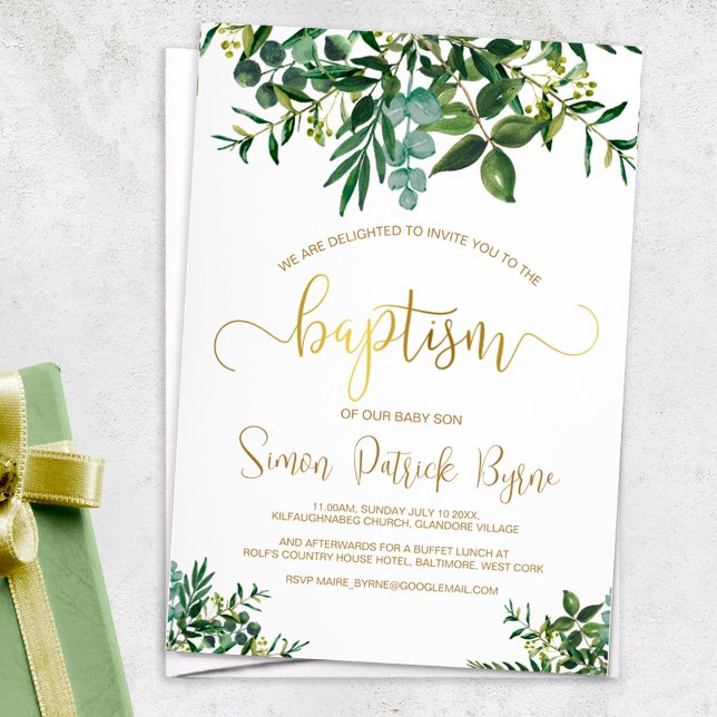 Invitation Baptême Neutre Genre Vert & Faux Gold Script (Créateur téléchargé)