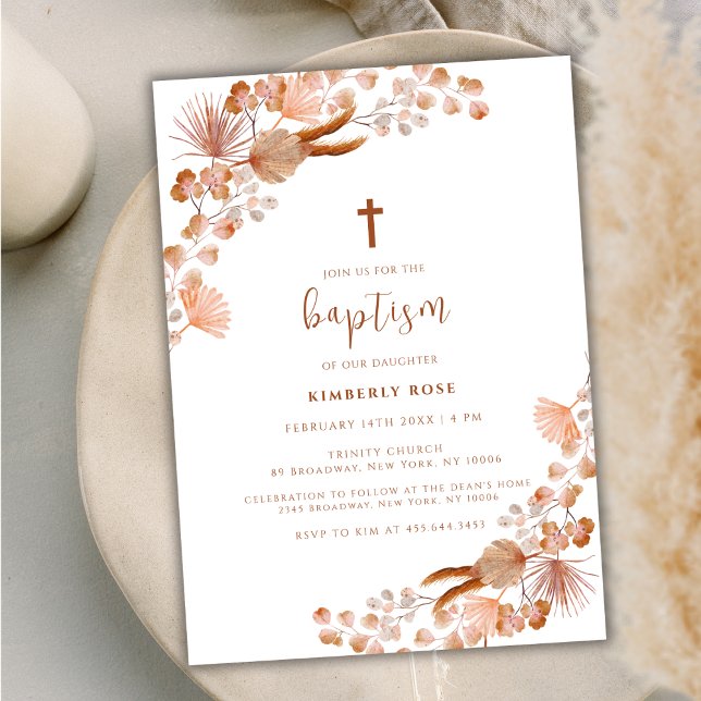 Invitation Baptême Neutre Petit Fleur sauvage Boho Cross (Neutral Little Wildflower Boho Cross Baptism Invitation)