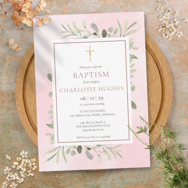 Invitation Baptême Ondine Aquarelle Verdure Or Rose  (Baptism Christening Watercolor Greenery Rose Gold Invitation)