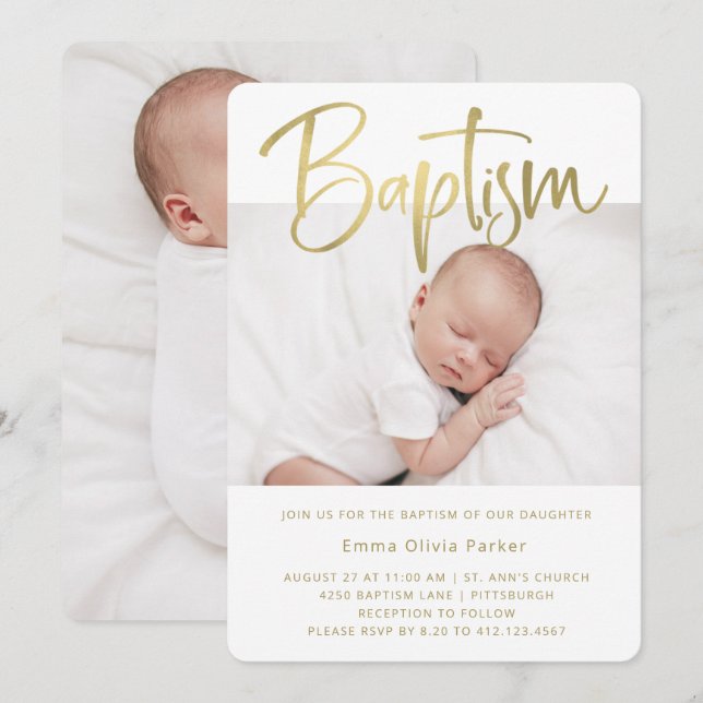 Invitation Baptême| Or minimal simple avec deux photos (Devant / Derrière)