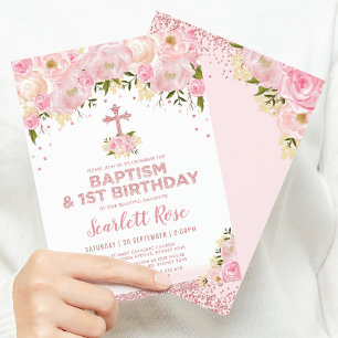 Invitation Baptême Or Rose Floral Joli Blush 1er Anniversaire