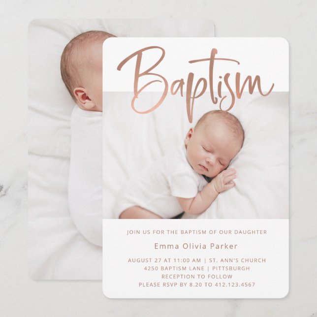Invitation Baptême | Or Rose minimal simple avec deux photos (Devant / Derrière)