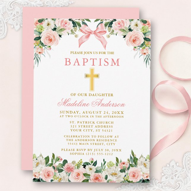 Invitation Baptême Or Ruban Rose Floral Aquarelle (Customize to change text color, size, style or to change color of back of card.)