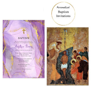 Invitation Baptême orthodoxe de marbre doré violet Lilac