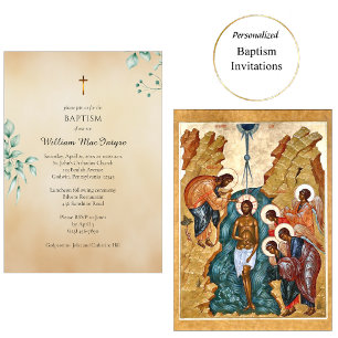 Invitation Baptême orthodoxe d'eucalyptus et de parchemin dél