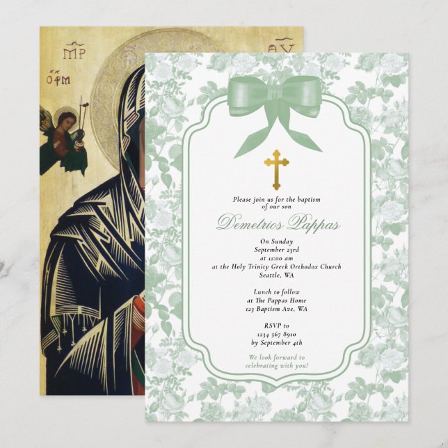 Invitation Baptême Orthodoxe Grec des Roses Vertes (Devant / Derrière)