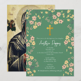 Invitation Baptême Orthodoxe Grec Fleur Vert