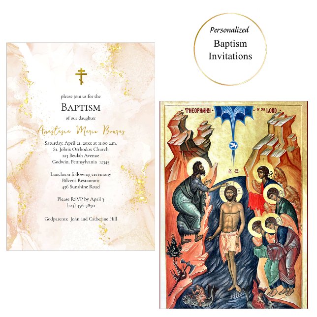 Invitation Baptême orthodoxe pêche et or (Créateur téléchargé)