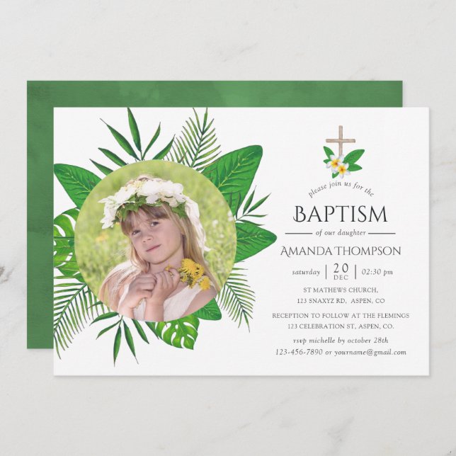 Invitation Baptême ou baptême des Feuilles tropicaux (Devant / Derrière)