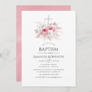 Invitation Baptême ou baptême floral d'or bleu et Rose