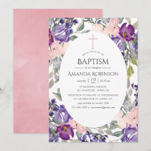 Invitation Baptême ou baptême floral prune et rose pâle