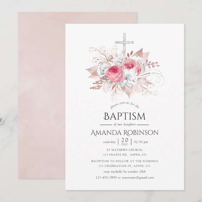 Invitation Baptême ou baptême Floral rose or et blush (Devant / Derrière)