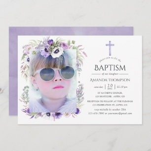 Invitation Baptême ou baptême floral violet poussiéreux
