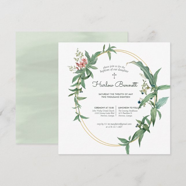 Invitation Baptême ou Christ Élegant Eucalyptus (Devant / Derrière)