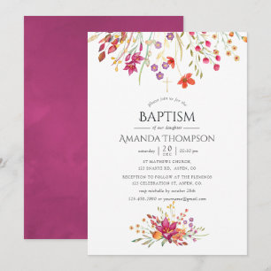 Invitation Baptême ou christême de fleur sauvage à l'aquarell