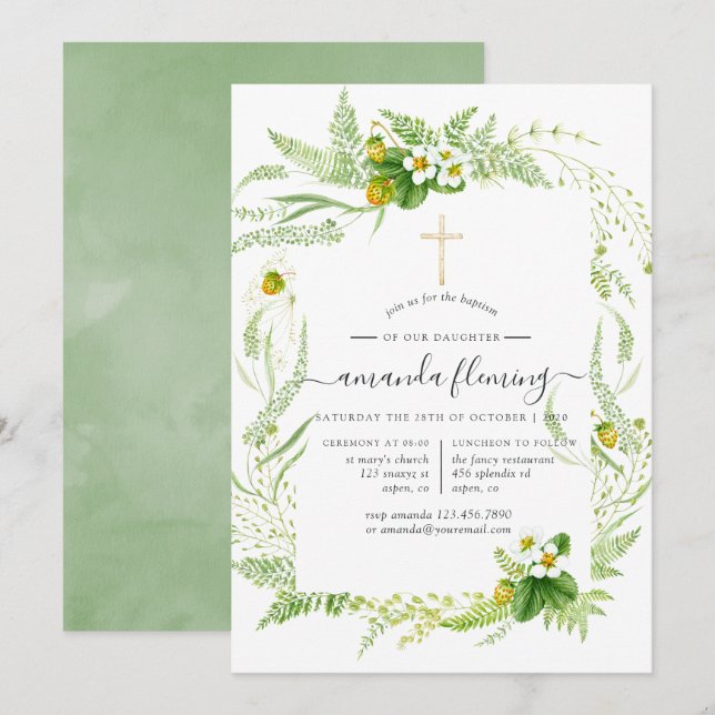 Invitation Baptême ou Christening à la végétation à l'aquarel (Devant / Derrière)