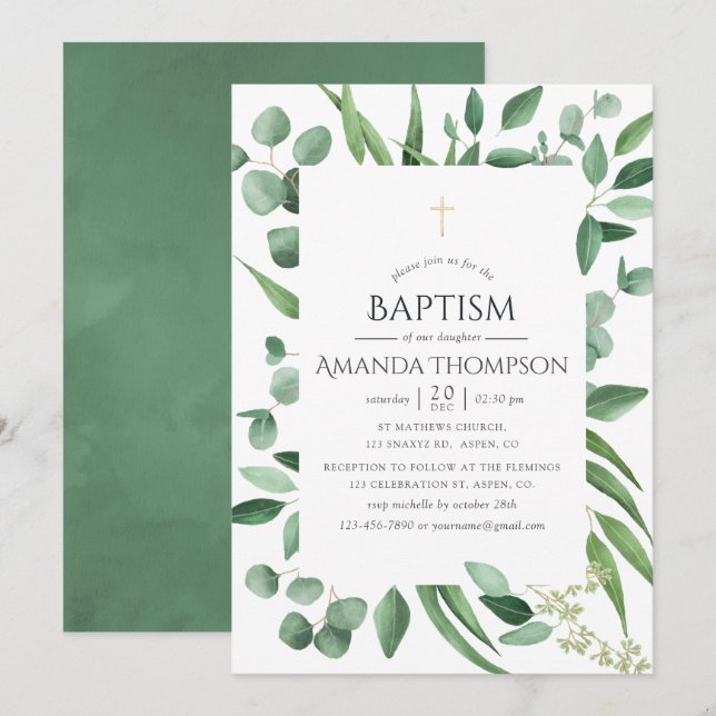 Invitation Baptême ou Christening à la verdure d'eucalyptus (Devant / Derrière)