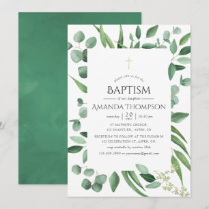 Invitation Baptême ou Christening à la verdure d'eucalyptus