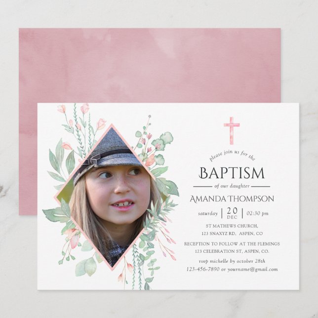 Invitation Baptême ou Christening à la verdure rose pastel (Devant / Derrière)