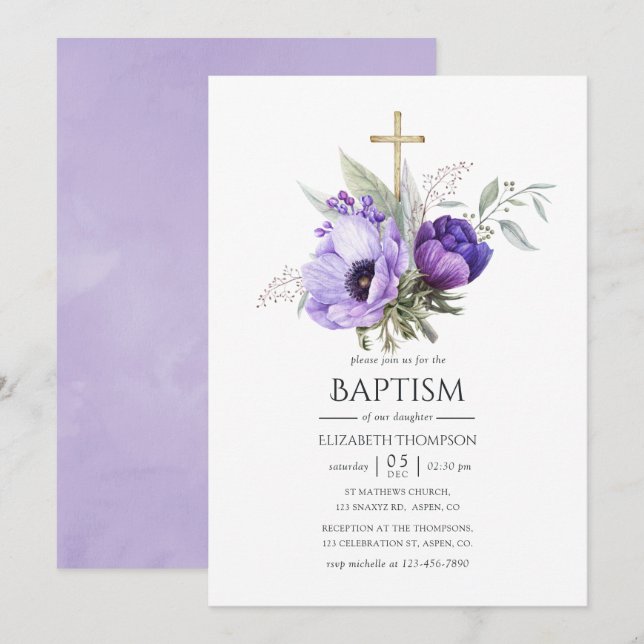 Invitation Baptême ou Christening à thème floral lilas (Devant / Derrière)