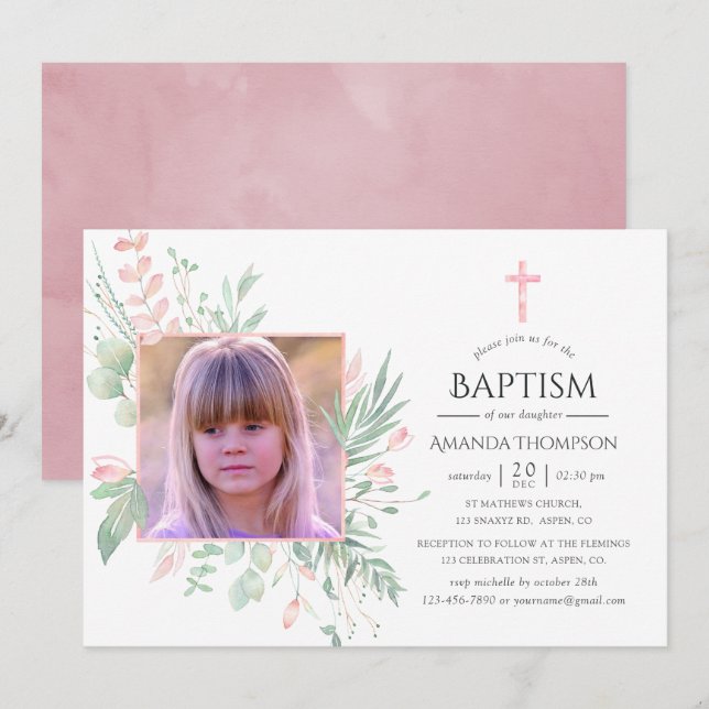 Invitation Baptême ou Christening au feuillage Pastel Rose (Devant / Derrière)